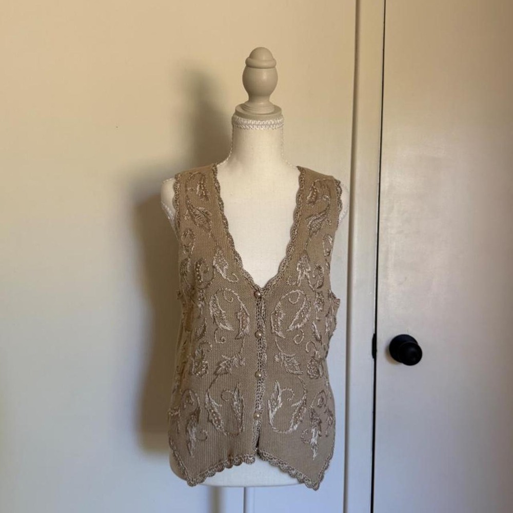 Jenny knit boho coastal grandma vest with floral embroidery in beige & tan